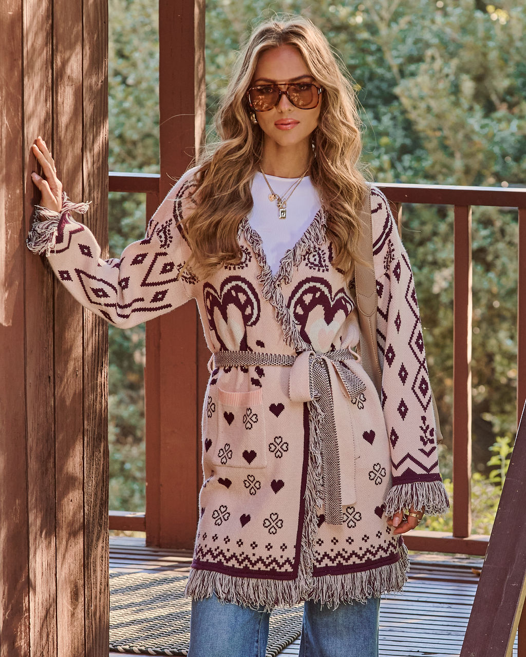 Anneston Printed Wrap Tie Fringe Cardigan