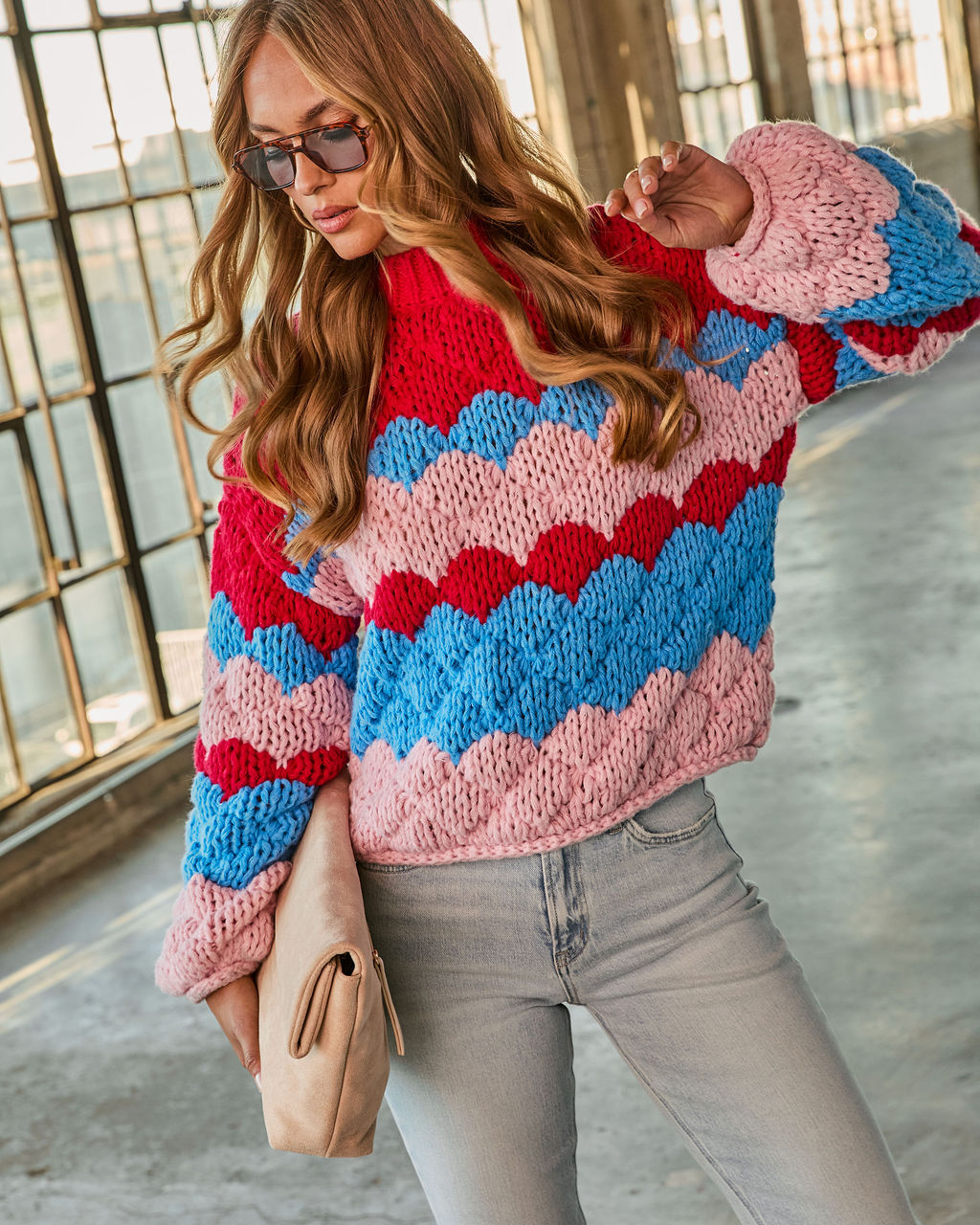 Freyie Abstract Mock Neck Chunky Knit Sweater