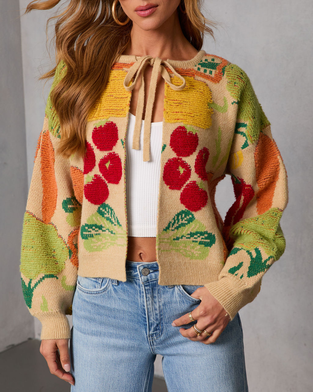 Fresh Picks Graphic Front Tie Sweater