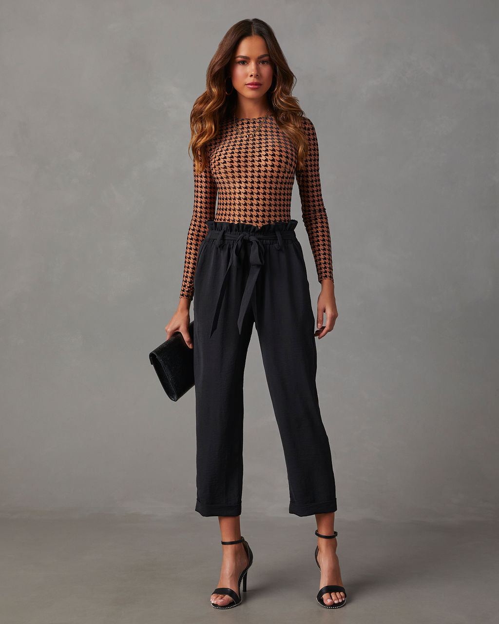 All The Craze Velvet Mesh Houndstooth Bodysuit