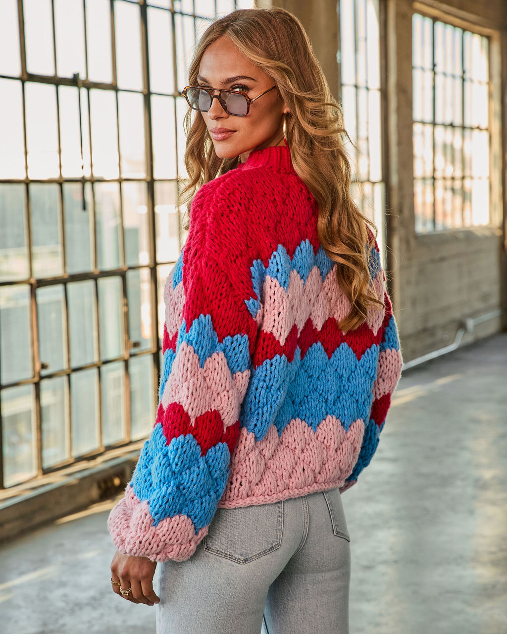Freyie Abstract Mock Neck Chunky Knit Sweater
