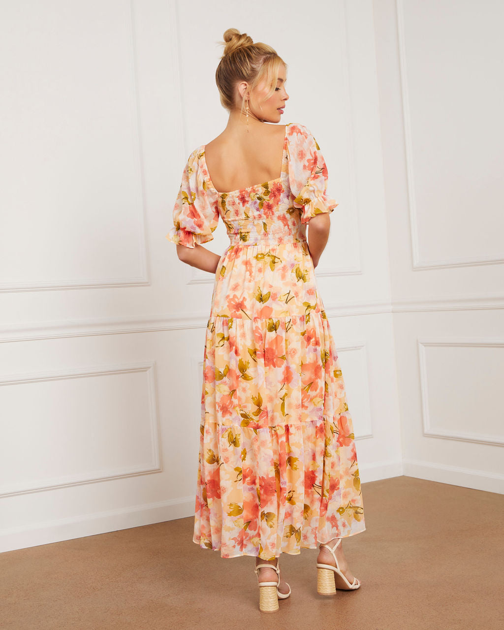 Floral Fantasy Skies Smocked Tiered Puff Sleeve Maxi Dress