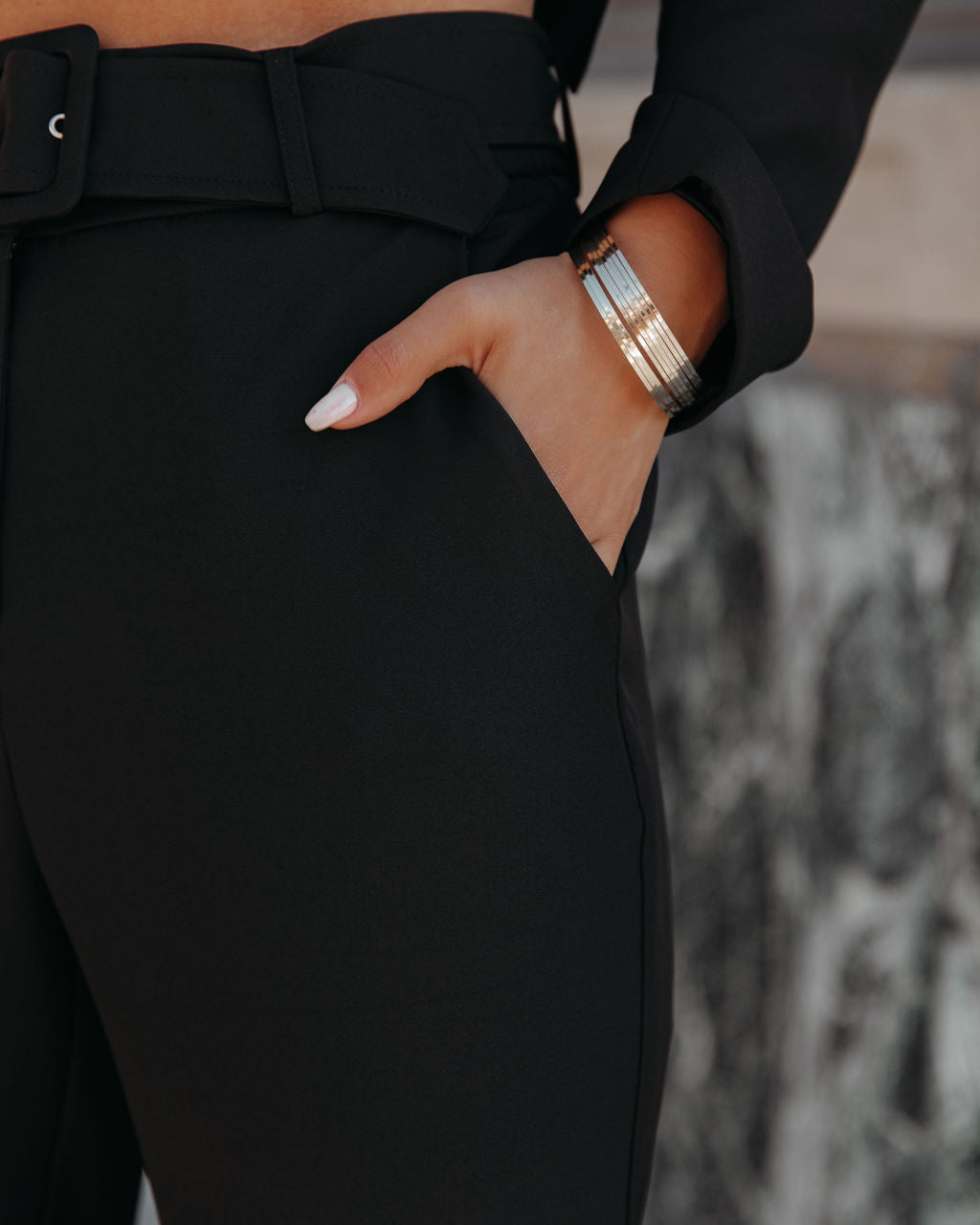Runway Pocketed Belted Flare Trousers